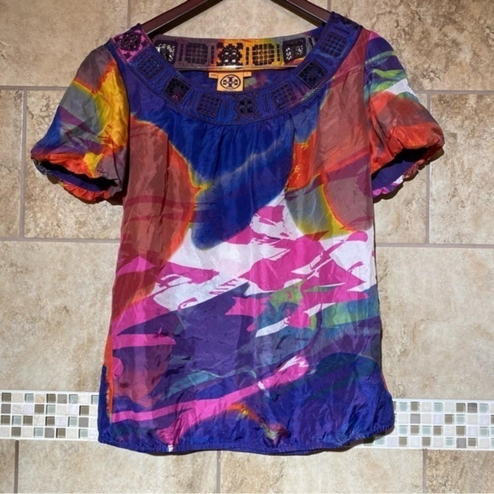Tory Burch 100% Silk Watercolor Blouse 6 - read description - Picture 2 of 7